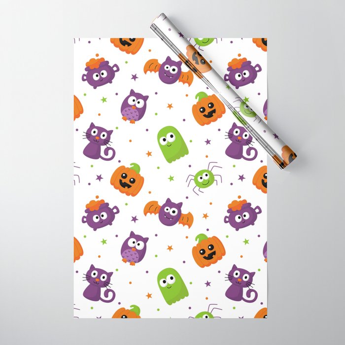 Halloween Seamless Pattern with Funny Spooky on White Background Wrapping Paper