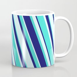[ Thumbnail: Turquoise, Midnight Blue, and Light Cyan Colored Stripes/Lines Pattern Coffee Mug ]