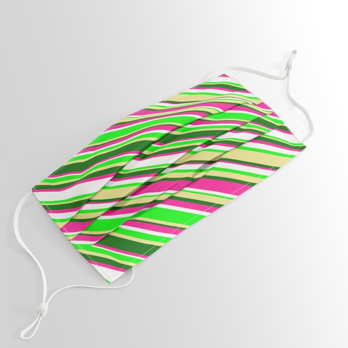 Eye-catching Deep Pink, White, Lime, Tan & Dark Green Colored Lined/Striped Pattern Face Mask