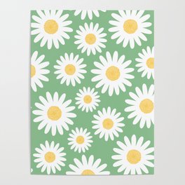 Big spring white daisies on green pattern Poster