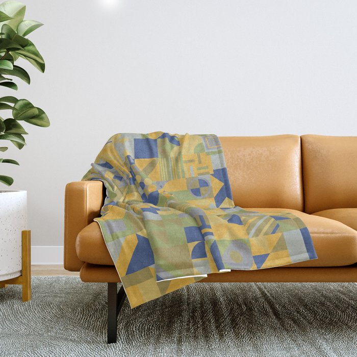Blue, Green, Yellow Retro Minimalist Geometric Design Gift Pattern Art Print Throw Blanket