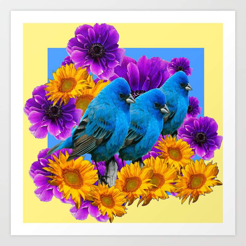 Three Blue Birds Purple Yellow Flowers Art Print By Sharlesart Society6 Three Blue Birds Purple Yellow Flowers Art Print By Sharlesart Society6