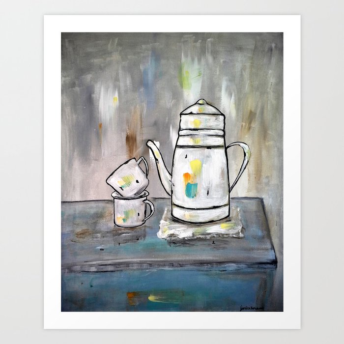 Vintage White Coffee Pot With Cups Art Print By Jsdesigns4 Society6