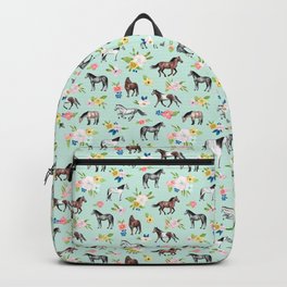 Horse and Flower Print, Mint Blue, Pink flowers, Equestrian, Spring Floral Backpack