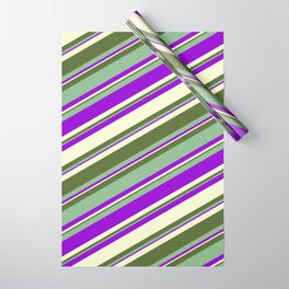 [ Thumbnail: Dark Sea Green, Dark Violet, Light Yellow & Dark Olive Green Colored Stripes Pattern Wrapping Paper ]