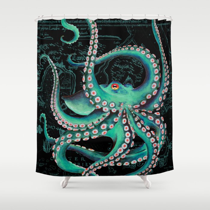 Teal Octopus Watercolor Vintage Map Dance Shower Curtain