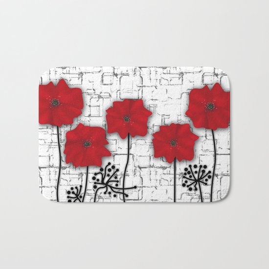 Poppies red n white background . Bath Mat