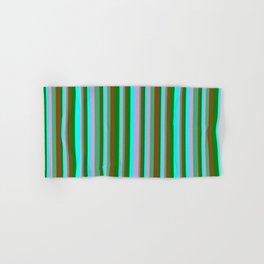 [ Thumbnail: Eye-catching Brown, Green, Cyan, Plum, and Sea Green Colored Stripes Pattern Hand & Bath Towel ]
