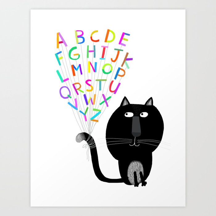Alphabet Letters Attached to Funny Black Cat's Tail by Children's Artist Carla Daly Art Print