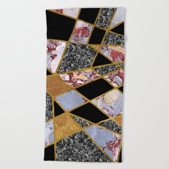 Abstract #486 Shards of Onyx, Marble & Gold Beach Towel