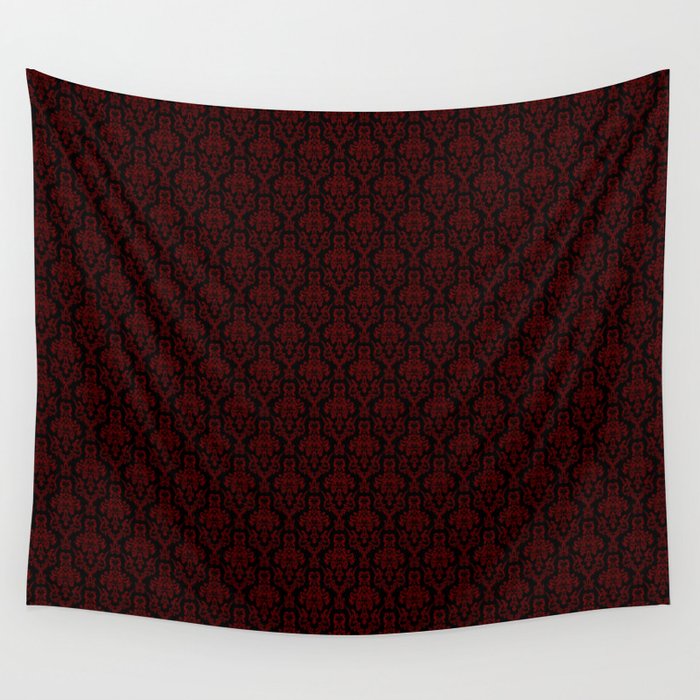 Floral Dark Red and Black Damask Pattern Wall Tapestry