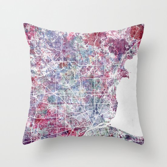 Detroit map Throw Pillow by mapmapmapswatercolors | Society6