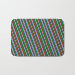 [ Thumbnail: Cornflower Blue, Green & Red Colored Stripes Pattern Bath Mat ]