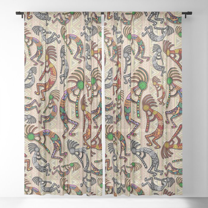 Kokopelli Rainbow Colors on Tribal Pattern  Sheer Curtain