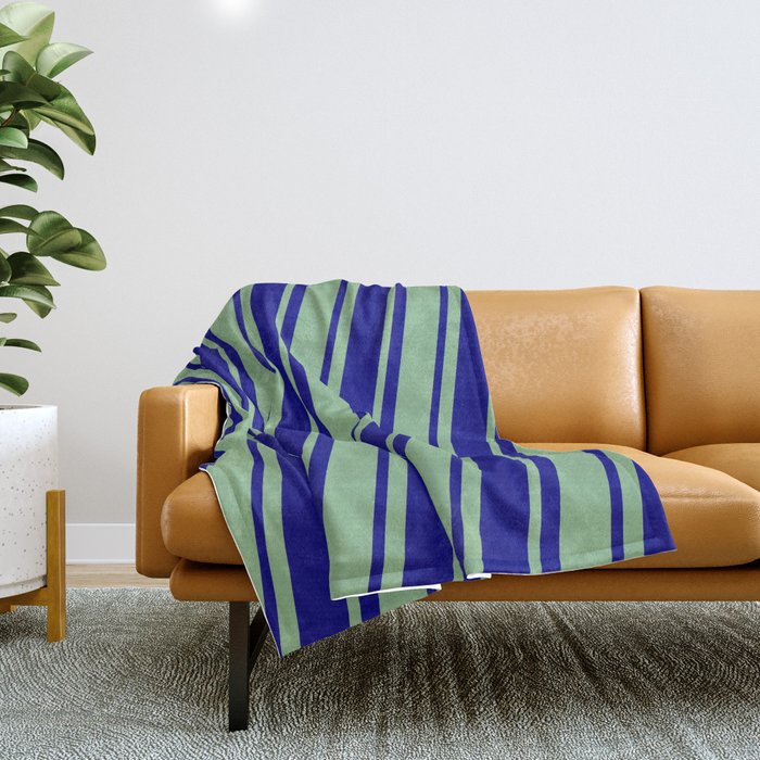 Dark Sea Green & Blue Colored Striped/Lined Pattern Throw Blanket