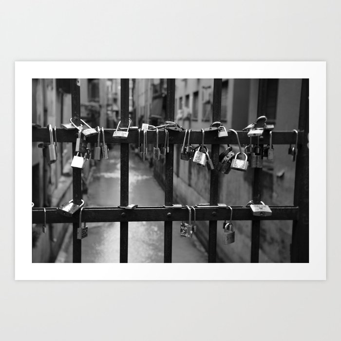 Love Locks on Canel Bridge, Bologna, Italy romantic black and white photography / photographs / photograph Art Print