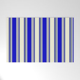 [ Thumbnail: Beige, Dark Grey, Blue, and Slate Gray Colored Pattern of Stripes Welcome Mat ]