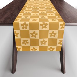 Abstract Floral Checker Pattern 17 in Retro Yellow Gold Table Runner