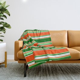 [ Thumbnail: Red, Light Green, Dark Green, and Mint Cream Colored Lined/Striped Pattern Throw Blanket ]