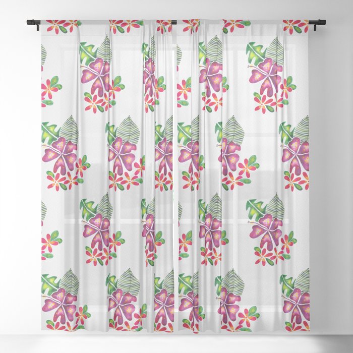Tropical Blooms Magenta  Sheer Curtain