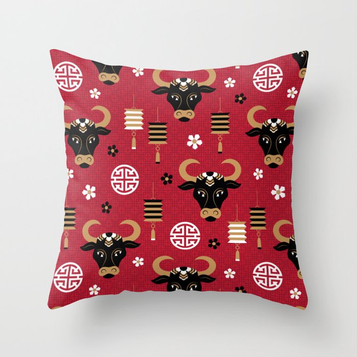 Chinese Zodiac year of the ox red gold Throw Pillow