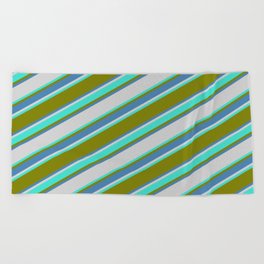 [ Thumbnail: Green, Blue, Light Gray & Turquoise Colored Striped Pattern Beach Towel ]