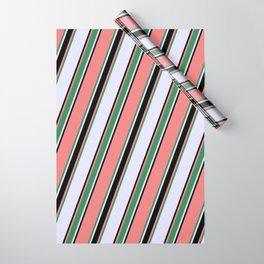 [ Thumbnail: Light Coral, Sea Green, Lavender & Black Colored Lined Pattern Wrapping Paper ]