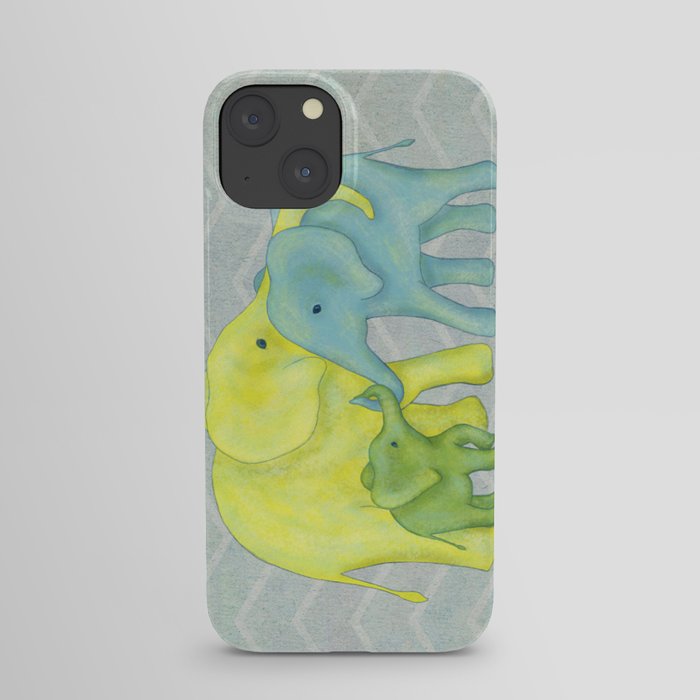 Elephant Family of Three in Yellow, Blue and Green iPhone Case