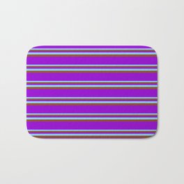 [ Thumbnail: Light Sky Blue, Brown, and Dark Violet Colored Pattern of Stripes Bath Mat ]