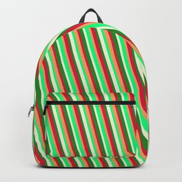 [ Thumbnail: Brown, Green, Beige, Forest Green & Crimson Colored Lined Pattern Backpack ]