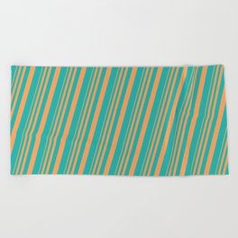 [ Thumbnail: Brown & Light Sea Green Colored Lines/Stripes Pattern Beach Towel ]