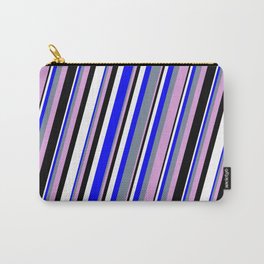 [ Thumbnail: Blue, Light Slate Gray, Plum, Black & White Colored Stripes/Lines Pattern Carry-All Pouch ]