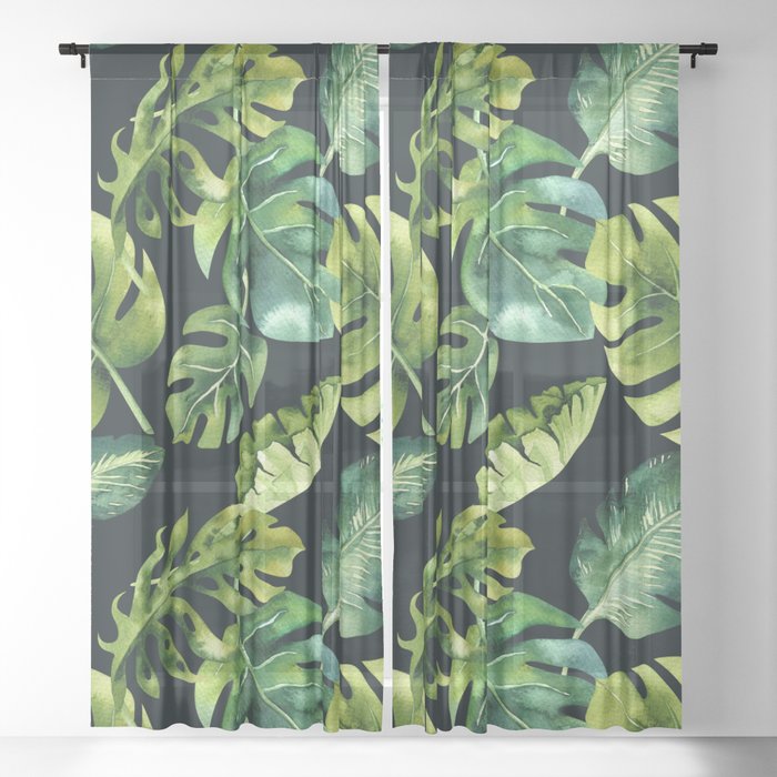 Watercolor Botanical Monstera Tropical Palm Leaves On Solid Black