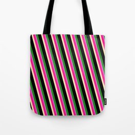[ Thumbnail: Vibrant Deep Pink, Beige, Black, Forest Green, and Orchid Colored Lines Pattern Tote Bag ]