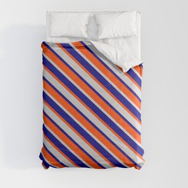 [ Thumbnail: Red, Light Grey, and Blue Colored Lined Pattern Comforter ]