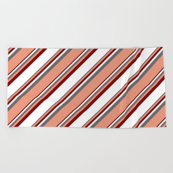 Dim Gray, Dark Salmon, Maroon & White Colored Lines/Stripes Pattern Beach Towel