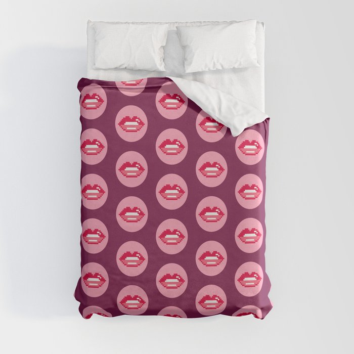 Valentine's retro pixel lips circles burgundy Duvet Cover