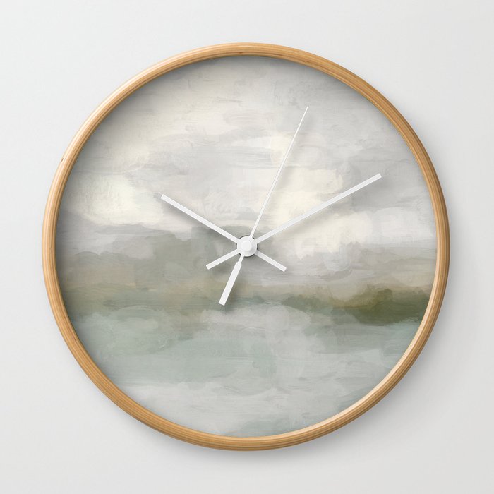 Break in the Weather II - Modern Abstract Painting, Light Teal, Sage Green Gray Cloudy Weather Ocean Wall Clock