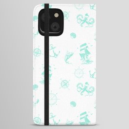 Mint Blue Silhouettes Of Vintage Nautical Pattern iPhone Wallet Case