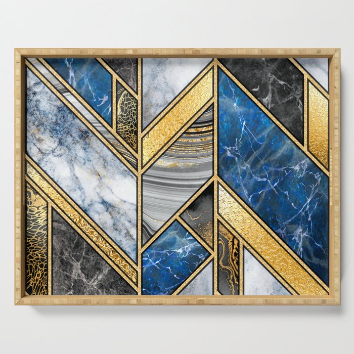 Art Deco Gold + Midnight Blue Abstract Chevron Serving Tray