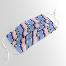 [ Thumbnail: Cornflower Blue, Green, Pink & Dark Blue Colored Striped/Lined Pattern Face Mask ]
