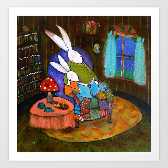 Bunnies Reading on a Rainy Day Art Print