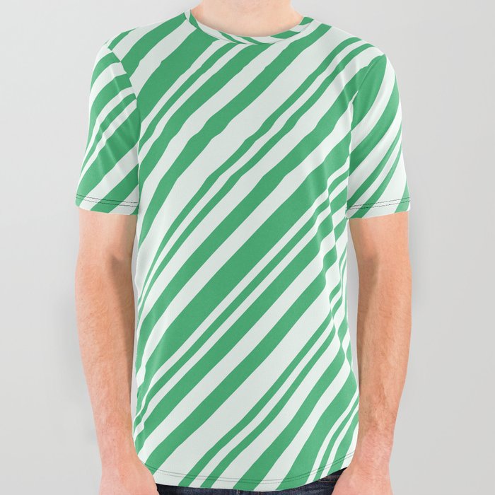 Mint Cream and Sea Green Colored Lines Pattern All Over Graphic Tee