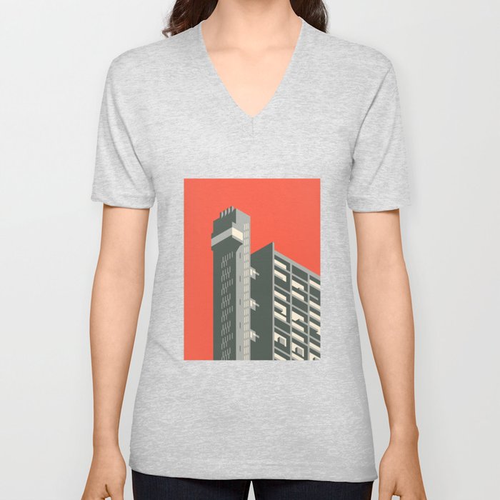 Trellick Tower London Brutalist Architecture - Red V Neck T Shirt