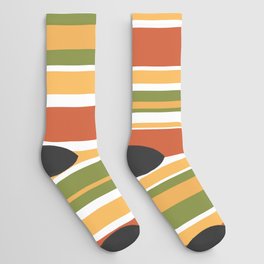 Retro Stripes - Mid Century Modern 50s 60s 70s Pattern in Green, Orange, Yellow, and White Socks