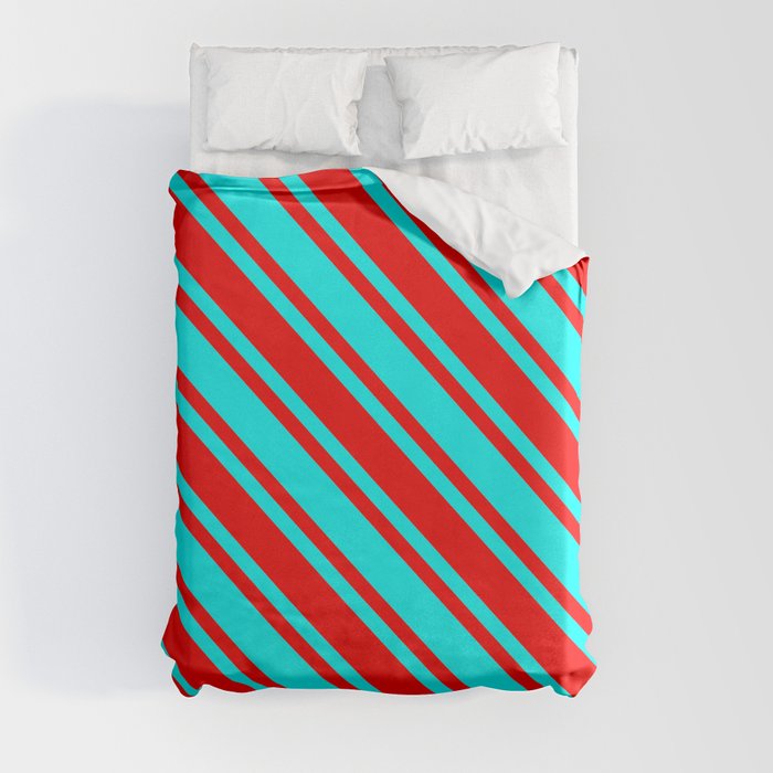 Aqua and Red Colored Lined Pattern Duvet Cover