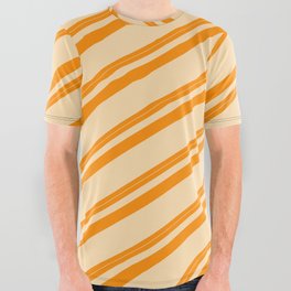 [ Thumbnail: Dark Orange & Tan Colored Lined/Striped Pattern All Over Graphic Tee ]