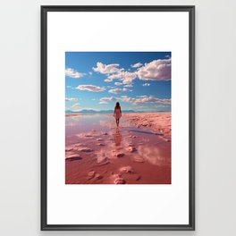 Tranquil Vacation: Woman Standing on Beach, Enjoying Solitude and Beauty of Nature Framed Art Print