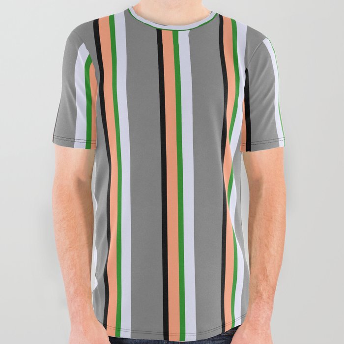 Light Salmon, Black, Grey, Lavender, and Forest Green Colored Stripes Pattern All Over Graphic Tee