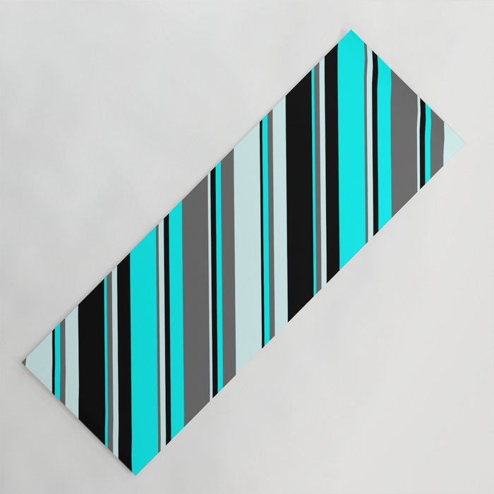 Aqua, Dim Gray, Light Cyan & Black Colored Lines/Stripes Pattern Yoga Mat